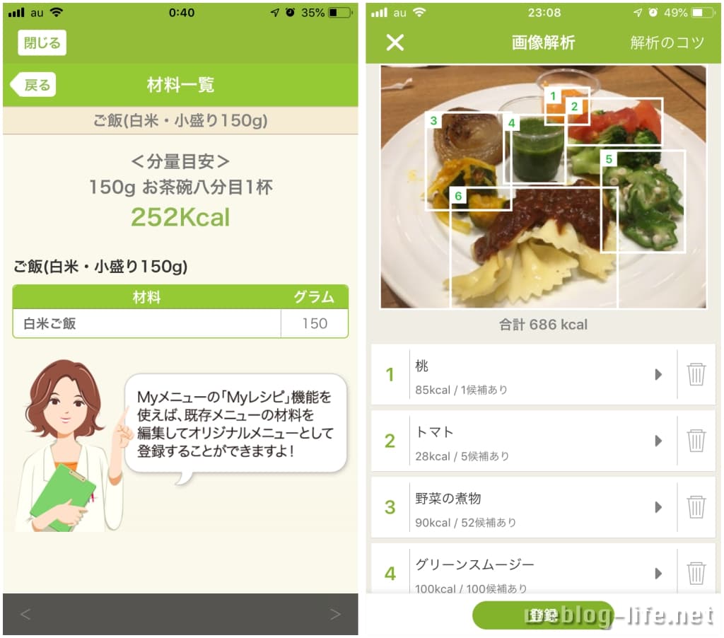 食事写真の解析と摂取栄養素の数値表示