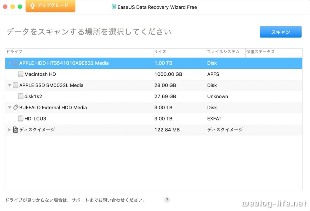 EaseUS Data Recoverty Wizard for Mac Pro ドライブ選択